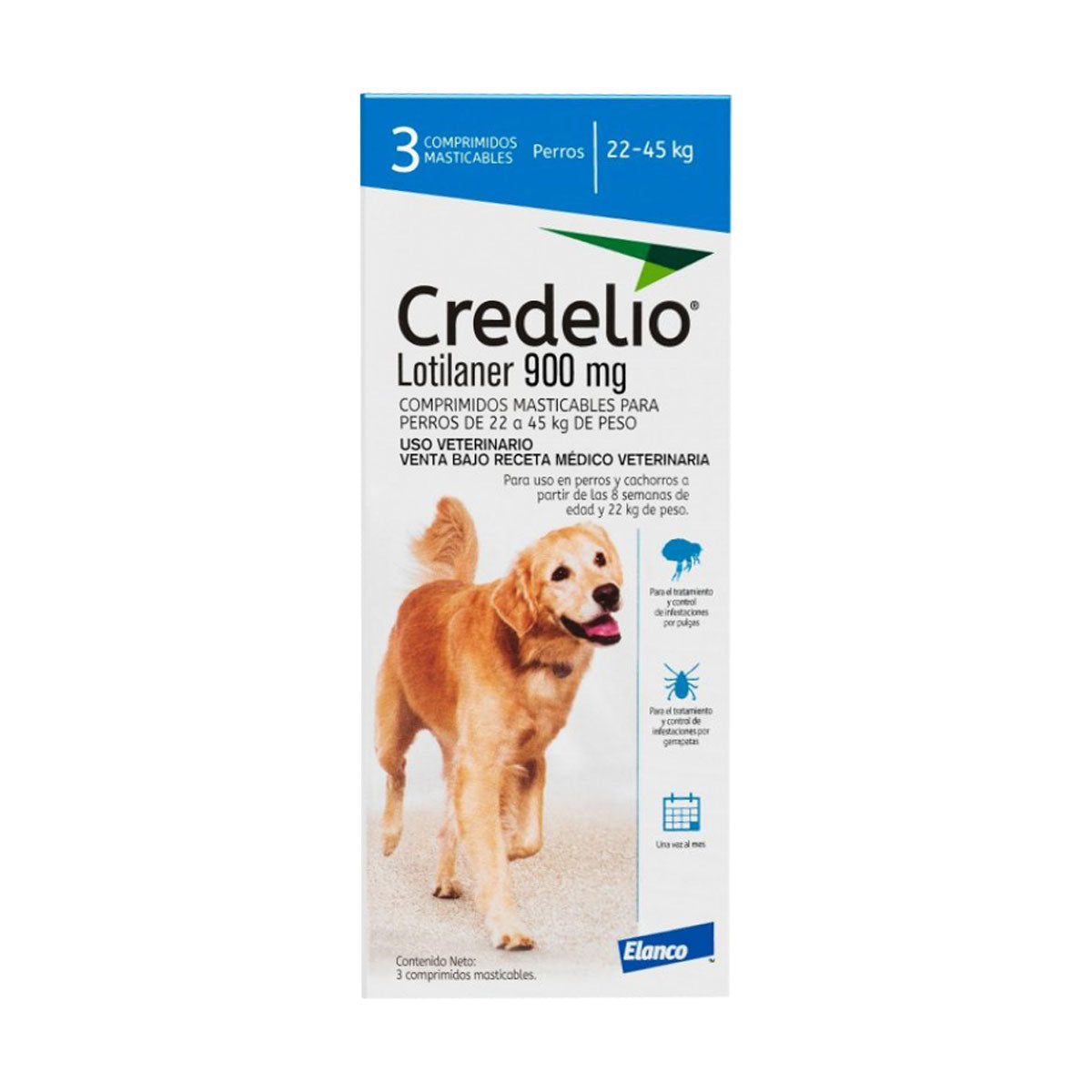 Elanco Credelio 900 mg Antiparasitario externo para perros 22 a 45 Kilos (1 comprimido)